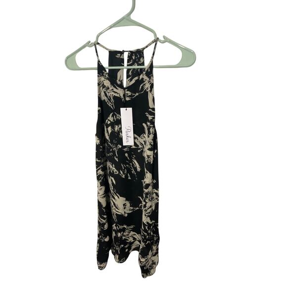 NWT Parker Elegant Keyhole Racerback Halter Black Floral Ruffle Whimsy Dress S - Picture 1 of 5